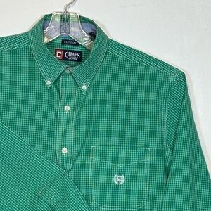 Chaps Mens Easy Care Green & White Check Button Down Shirt Large L Long Sleeve